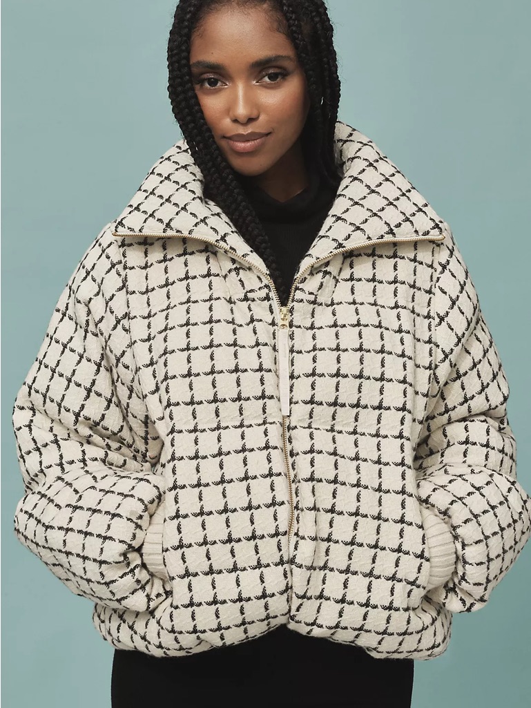Varley Women's Eugene Check Short Puffer, Black And Cream, Size Small